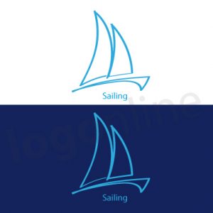Logo da personalizzare con barca a vela azzurra. Logo per ristorante di pesce, di mare. Marchio con vela stilizzata. Logonline